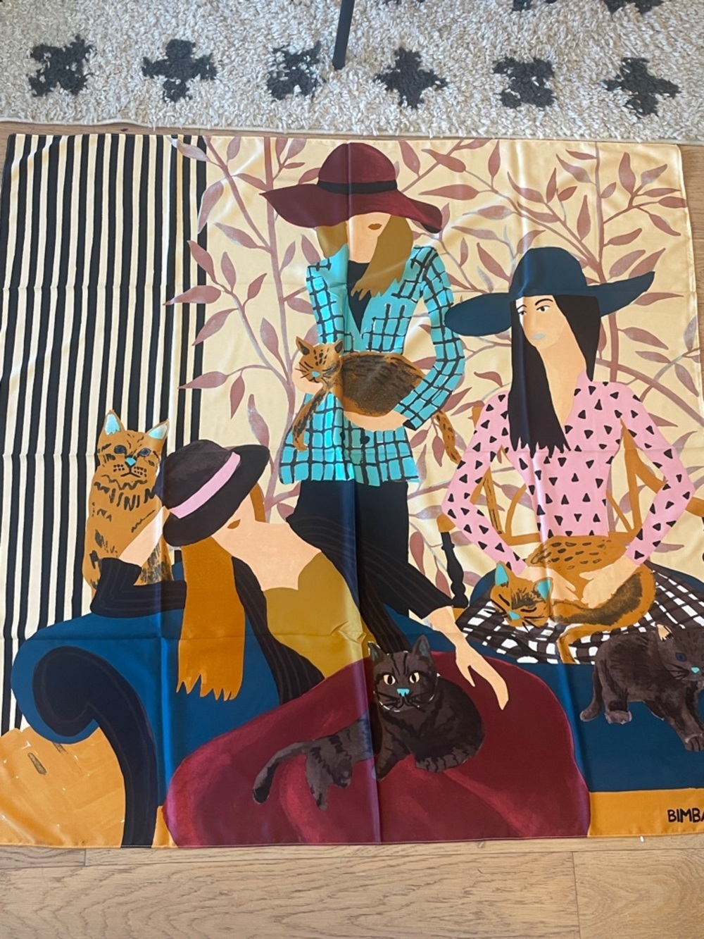 Illustrated Cats & Women Silk Scarf - Multicolor